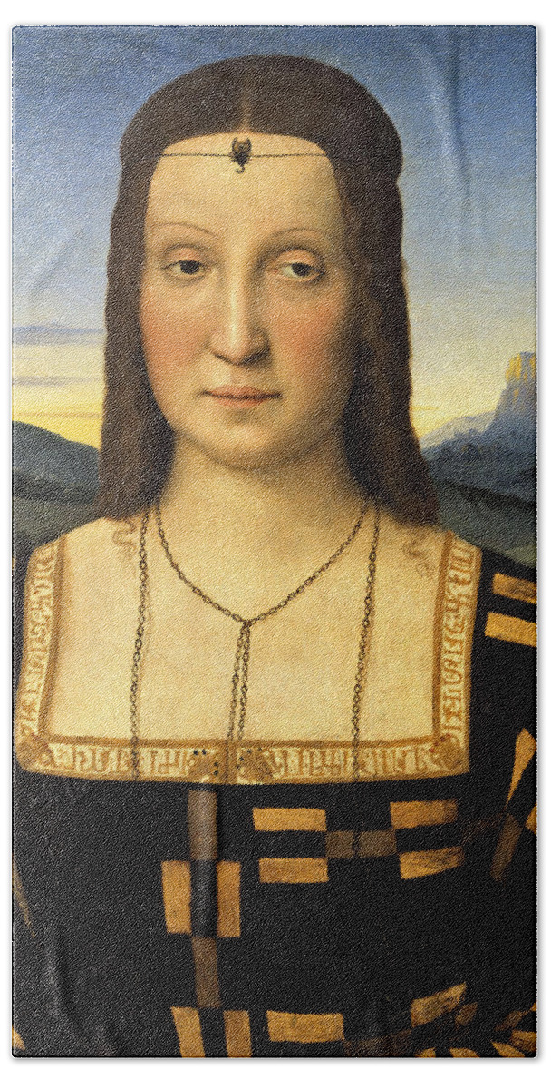 Raphael Beach Towel featuring the painting Portrait of Elisabetta Gonzaga by Raphael