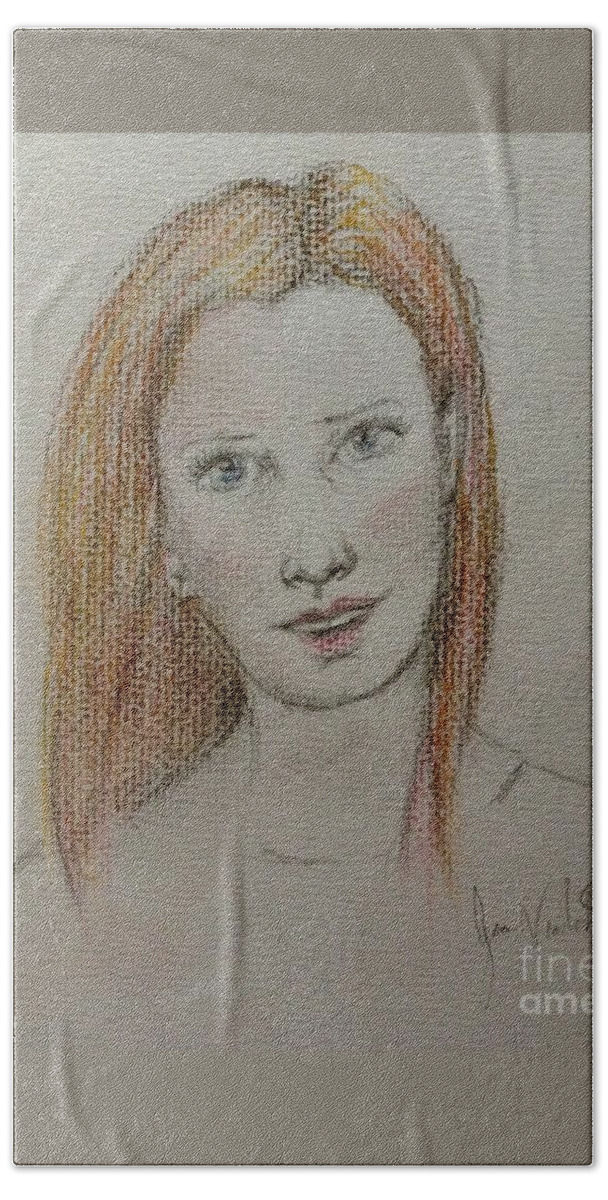 Portrait Beach Towel featuring the pastel Portrait of Jillian in Pastel by Joan-Violet Stretch