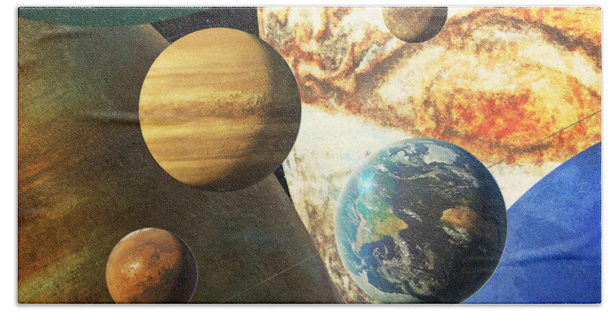 Solar System Beach Towel featuring the digital art Portrait of the planets by Frans Blok