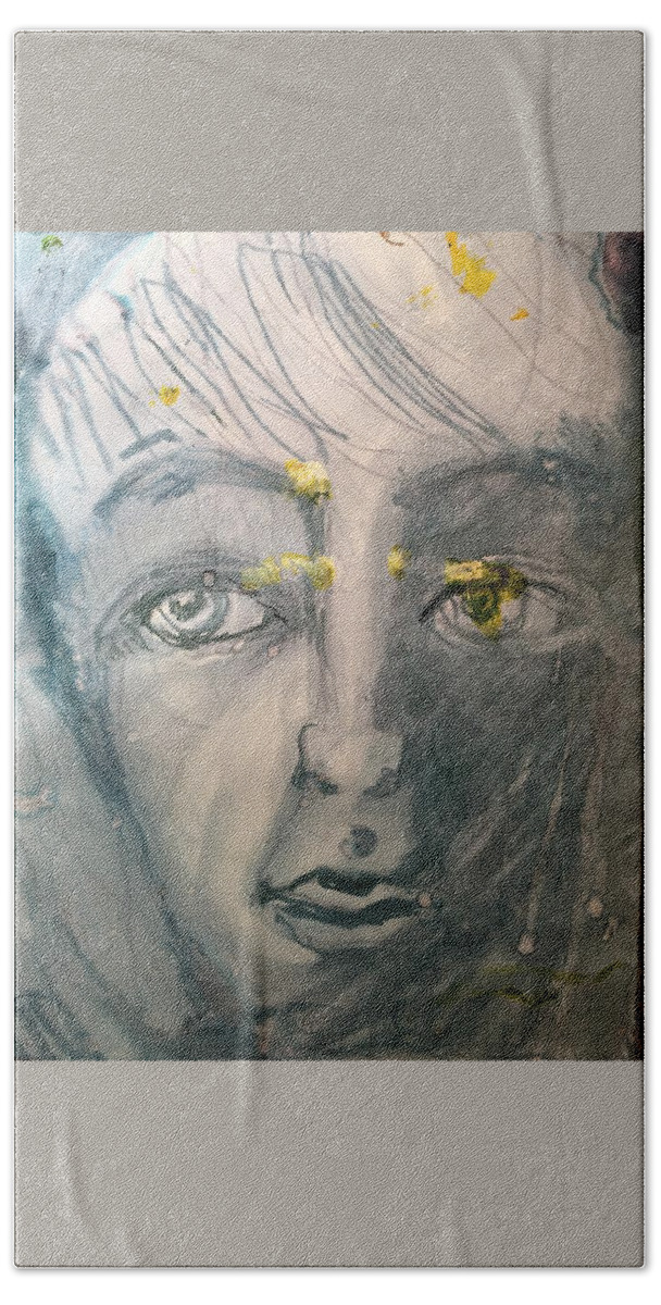 Expressive Beach Sheet featuring the drawing Portrait with Yellow by Judith Redman