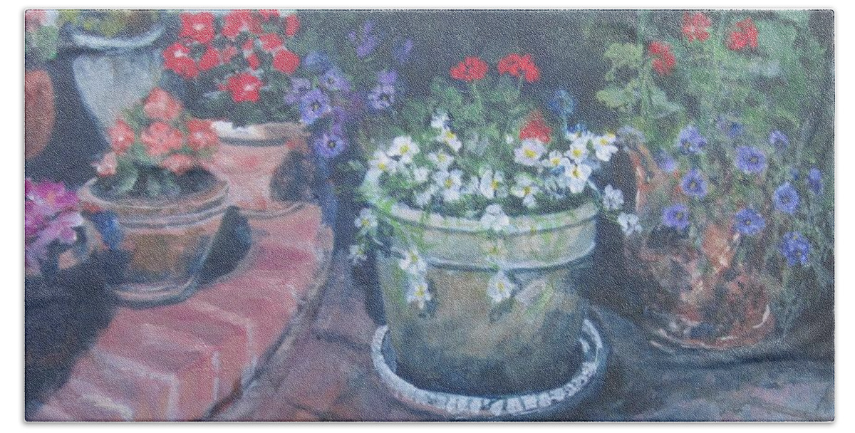 Flowers Beach Sheet featuring the painting Potted Flowers by Paula Pagliughi