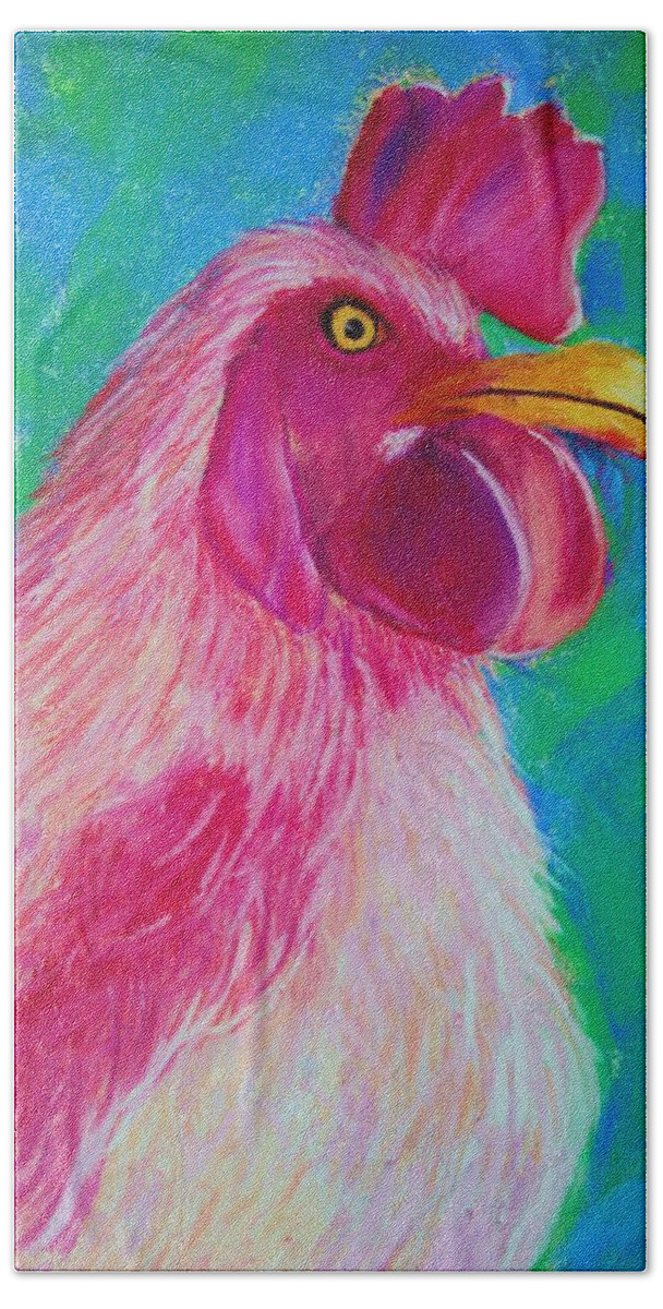 Rooster Beach Towel featuring the painting Powerful in Pink by Melinda Etzold