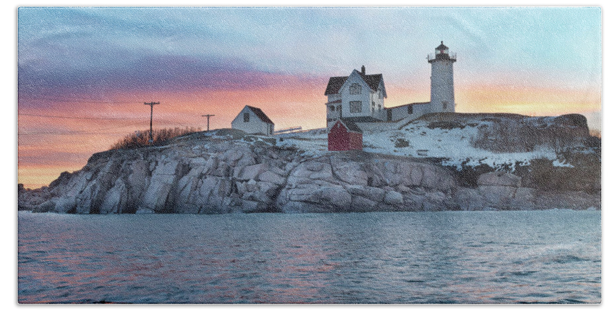Lighthouse Beach Towel featuring the photograph Pre-Dawn Colors at Cape Neddick Lighthouse by Kristen Wilkinson