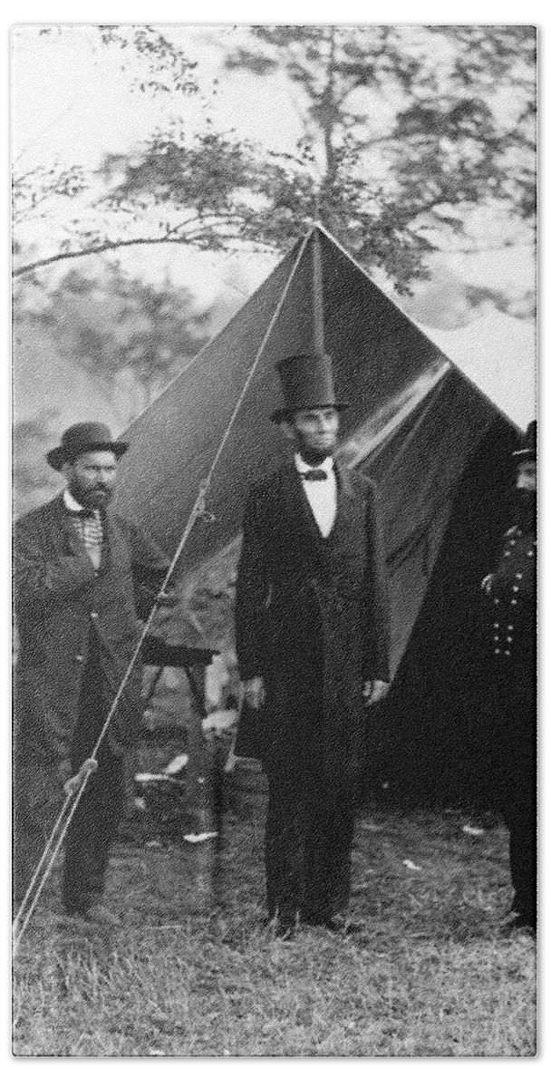 abraham Lincoln Beach Sheet featuring the photograph President Lincoln meets with Generals after victory at Antietam by International Images