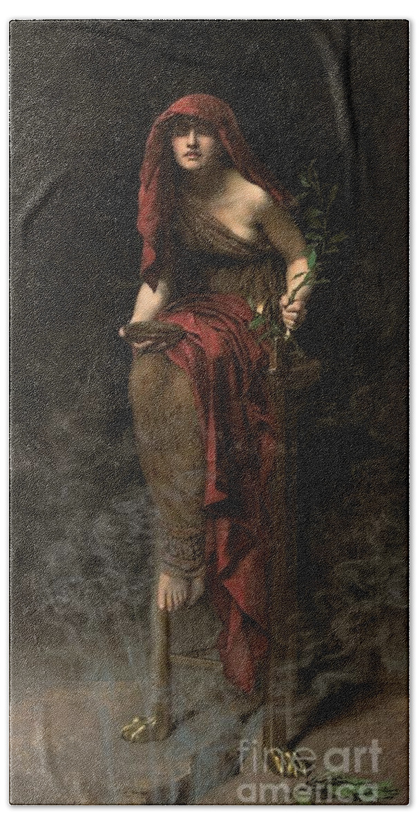 Portrait Beach Towel featuring the painting Priestess of Delphi by John Collier
