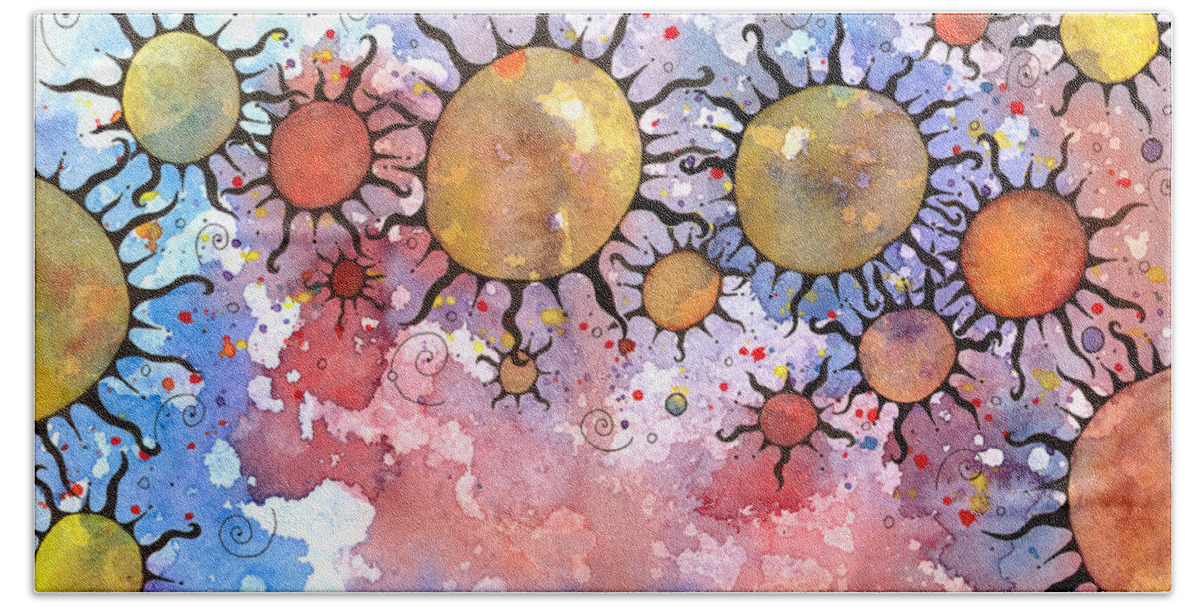 Artoffoxvox Beach Towel featuring the mixed media Primordial Suns 3 by Kristen Fox