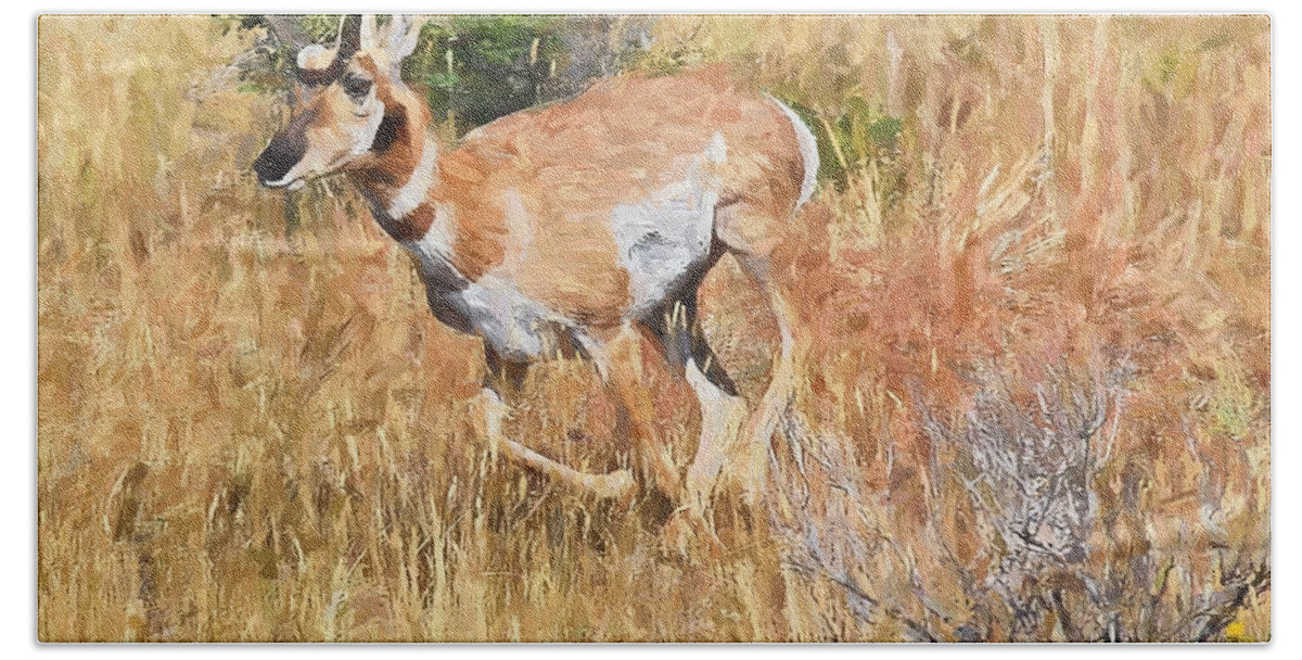 Yellowstone Beach Towel featuring the painting Pronghorn near Yellowstone by Mitchell R Grosky