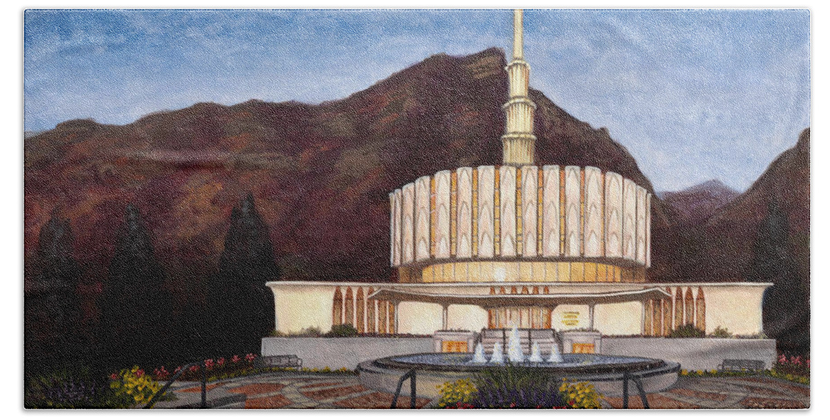 Temple Beach Sheet featuring the painting Provo Temple by Jeff Brimley