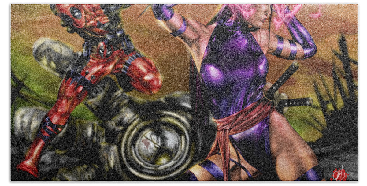 Marvel Beach Sheet featuring the painting Psylocke and Deadpool by Pete Tapang