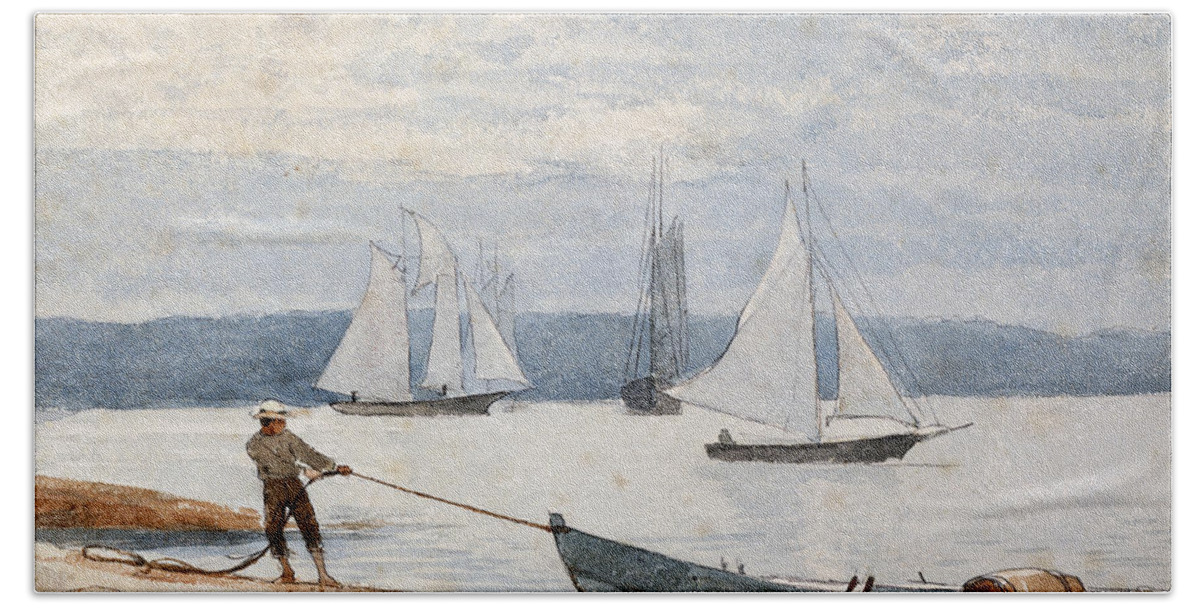 Man Beach Sheet featuring the painting Pulling the Dory by Winslow Homer