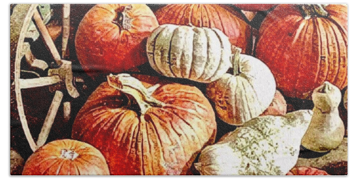 Mix Media Beach Towel featuring the mixed media Pumpkins In The Barn by MaryLee Parker
