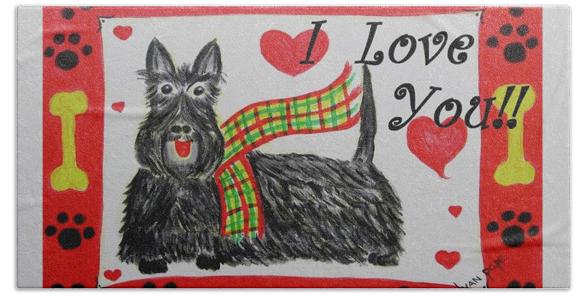 Scottie Beach Towel featuring the painting Puppy Love by Diane Pape