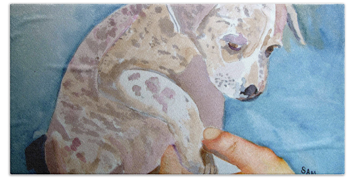 Puppy Beach Sheet featuring the painting Puppy Shaking Hands by Sandy McIntire