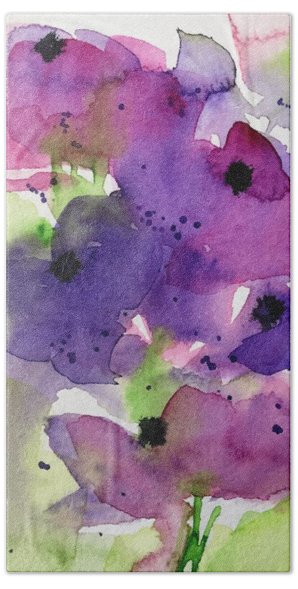 Purple Flowers Beach Towel featuring the painting Purple Abstract Flowers In The Garden by Britta Zehm
