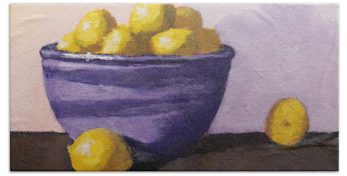 Purple Bowl And Small Lemons Beach Towel featuring the painting Purple Bowl and Small Lemons by Bill Tomsa