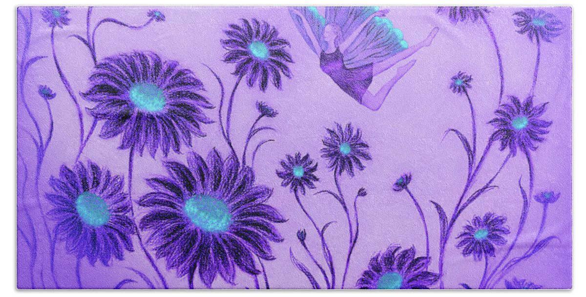 Daisy Beach Towel featuring the drawing Purple Dream - Dancing with Daisies by Yoonhee Ko