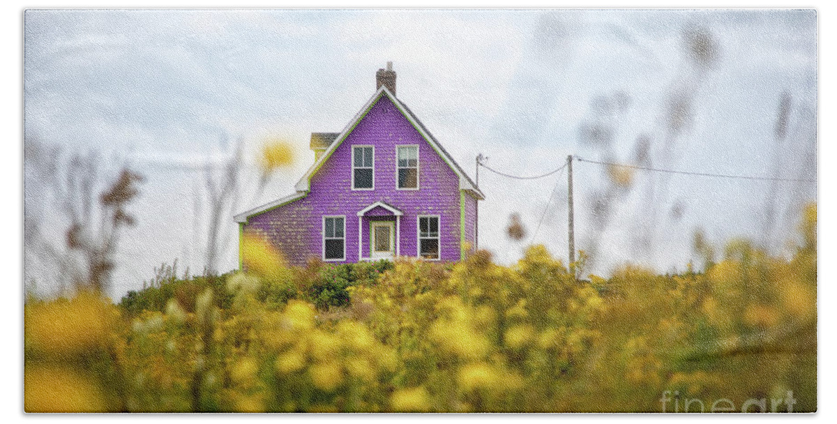 Island Beach Sheet featuring the photograph Purple house and yellow flowers by Jane Rix