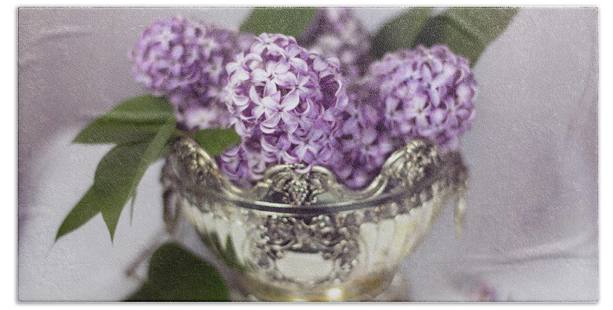 Purple Beach Sheet featuring the photograph Purple Lilacs in Silver Bowl by Betty Denise