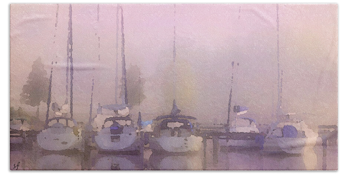 Landscape Beach Towel featuring the digital art Purple Marina Morning by Shelli Fitzpatrick