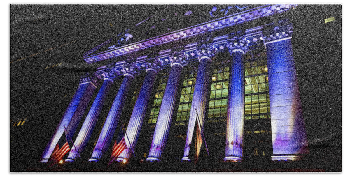 Georgia Mizuleva Beach Towel featuring the digital art Purple New York Stock Exchange at Night - Impressions Of Manhattan by Georgia Mizuleva