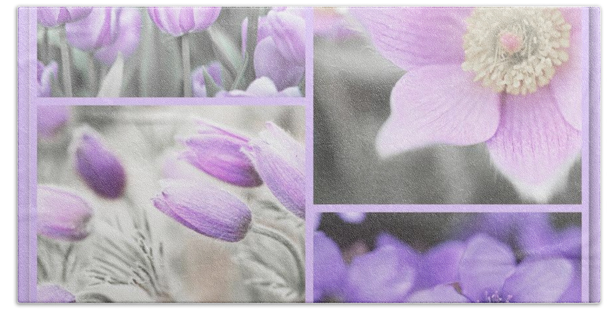 Jenny Rainbow Fine Art Photography Beach Sheet featuring the photograph Purple Spring Bloom Collage. Shabby Chic Collection by Jenny Rainbow