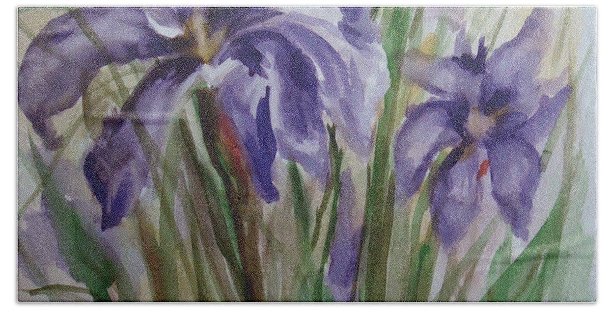 A Trio Of Dutch Irises. Flower Beach Sheet featuring the painting Purple Times 3 by Charme Curtin