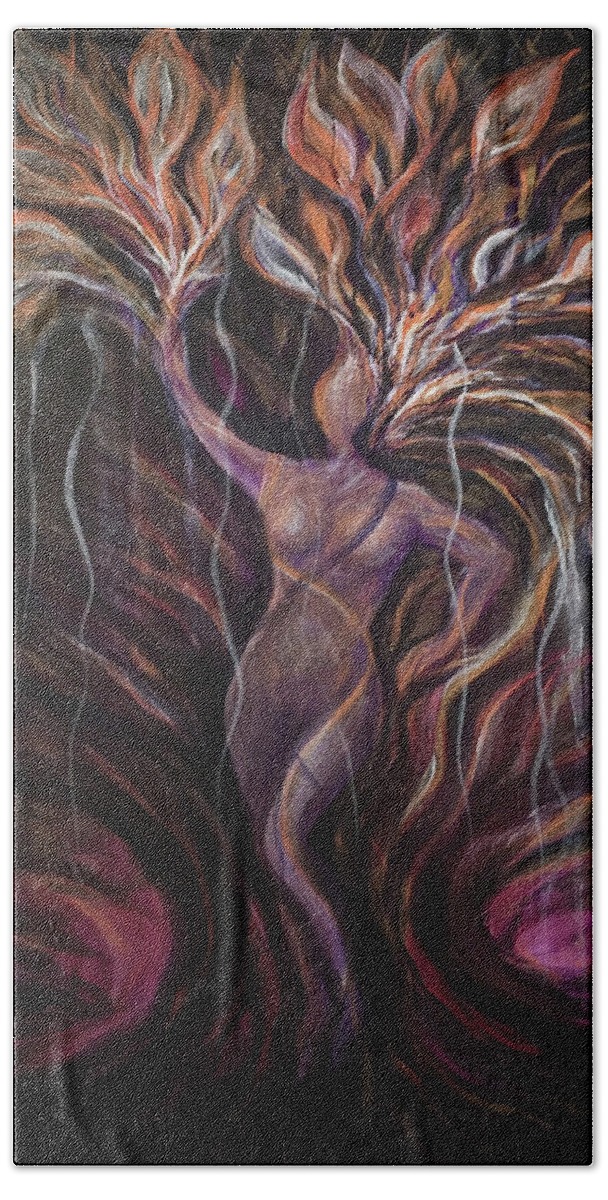 Purple Beach Towel featuring the painting Purple Tree Goddess by Michelle Pier
