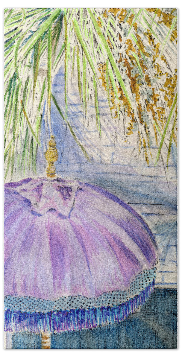 Stucco Beach Towel featuring the painting Purple Umbrella by Thomas Hamm