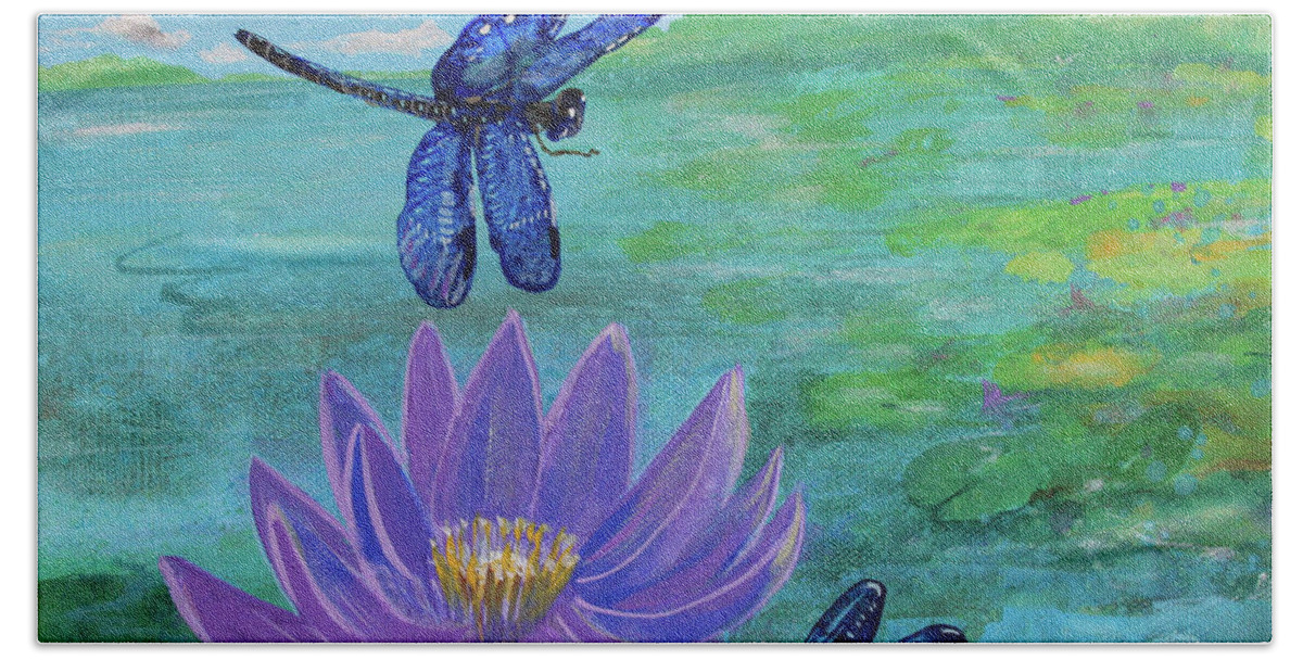 Dragonflies Beach Sheet featuring the painting Purple Water lily and Dragonflies by Robin Pedrero