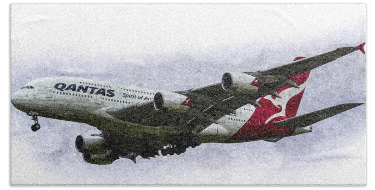 Qantas Beach Towel featuring the photograph Qantas Airbus A380 Art by David Pyatt