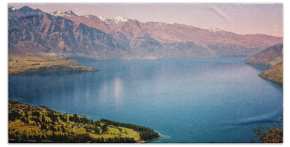 Joan Carroll Beach Towel featuring the photograph Queenstown New Zealand from Above by Joan Carroll