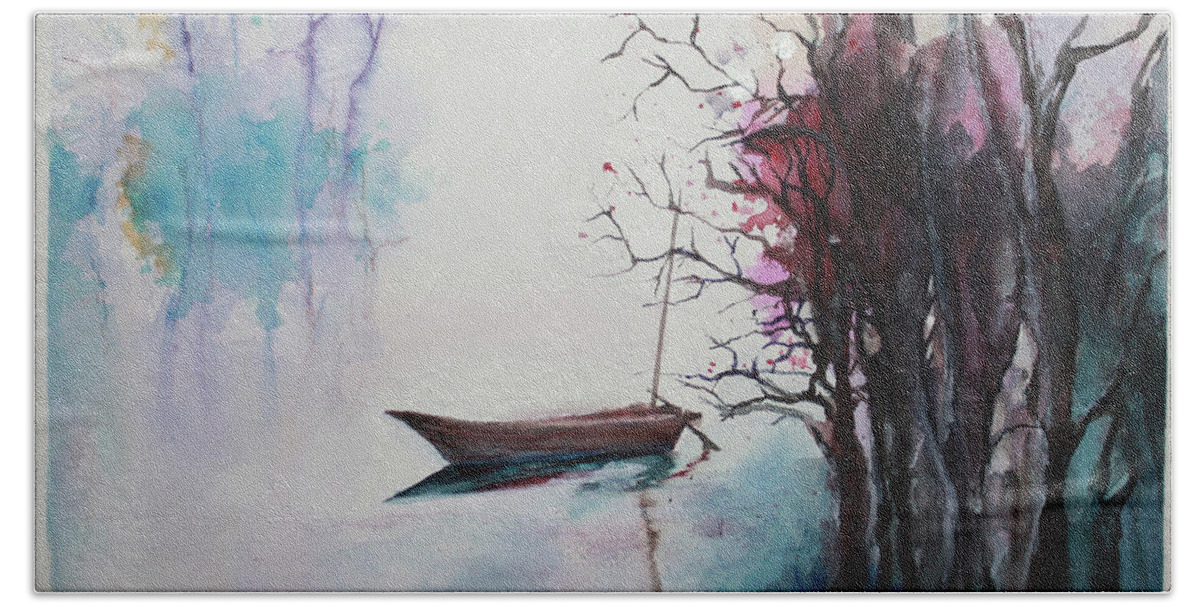 Watercolor Beach Towel featuring the painting Quiet Waters by Rachel Bochnia