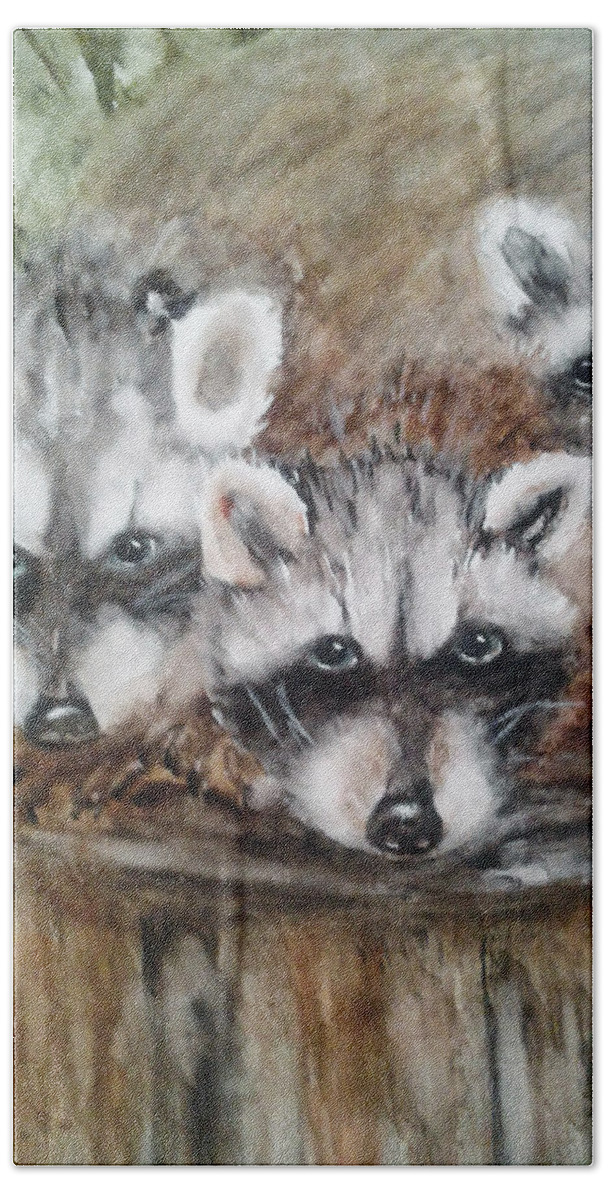 Painting Beach Sheet featuring the painting Raccoon Babies by Christine Lites by Allen Sheffield