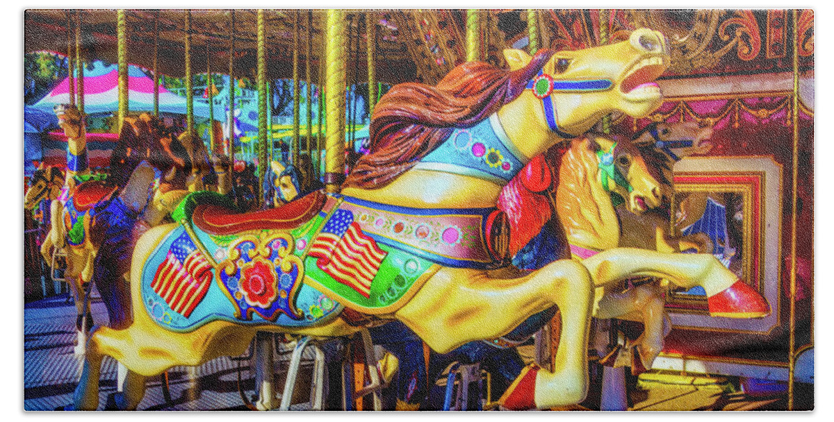 Magical Carousels Beach Towel featuring the photograph Racing Carrousel Horse by Garry Gay