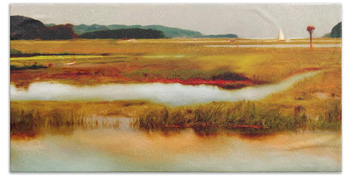 Essex River Beach Towel featuring the painting Racing the Tide by Sand And Chi