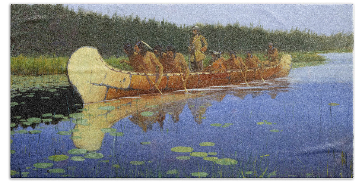 Frederic Remington Beach Sheet featuring the painting Radisson and Groseilliers by Frederic Remington
