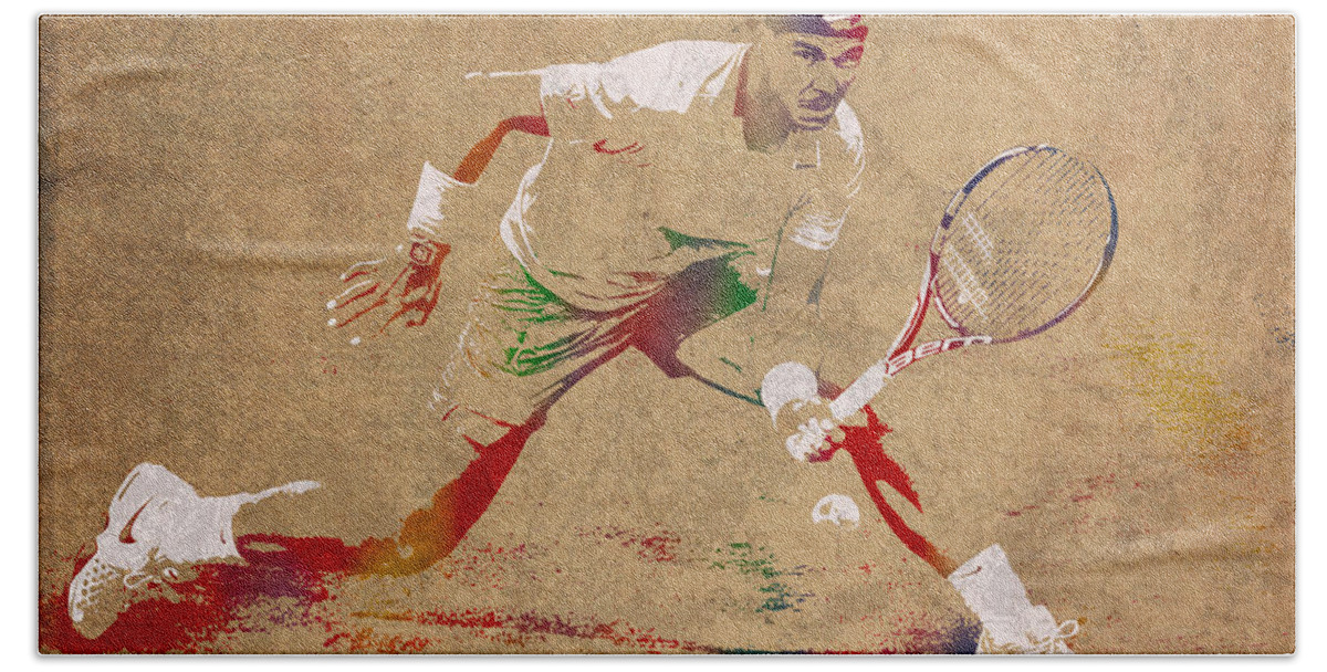 Rafael Nadal Beach Sheet featuring the mixed media Rafael Nadal Tennis Star Watercolor Portrait on Worn Canvas by Design Turnpike