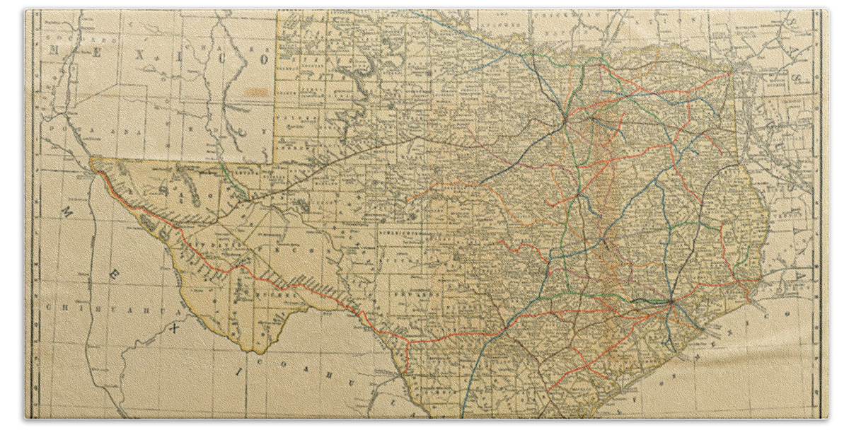 Map Beach Towel featuring the digital art Railroad and County Map of Texas 1893 by Texas Map Store