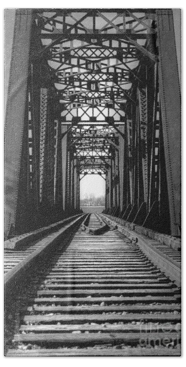 Railroad Beach Towel featuring the photograph Railroad Bridge Black And White by Sharon McConnell