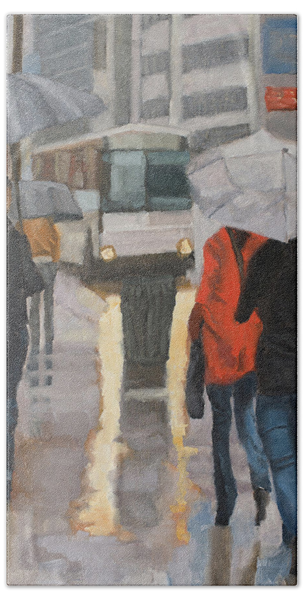 Rain Beach Sheet featuring the painting Rain in midtown by Tate Hamilton