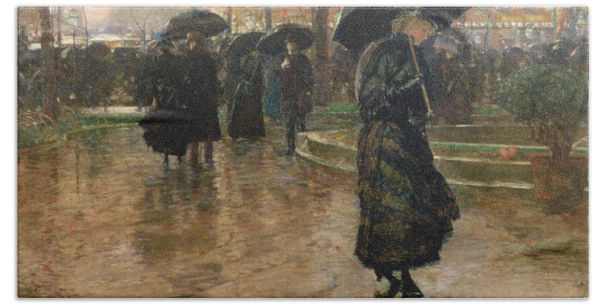 Rain Storm Beach Towel featuring the painting Rain Storm Union Square by Childe Hassam