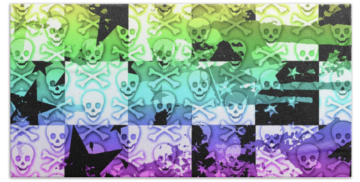 Rainbow Beach Towel featuring the digital art Rainbow Checker Skull Splatter by Roseanne Jones