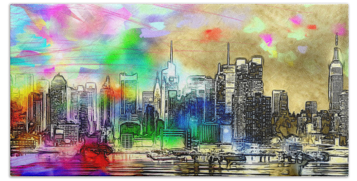 Rainbow Nyc Skyline Beach Towel featuring the mixed media Rainbow NYC Skyline by Daniel Janda
