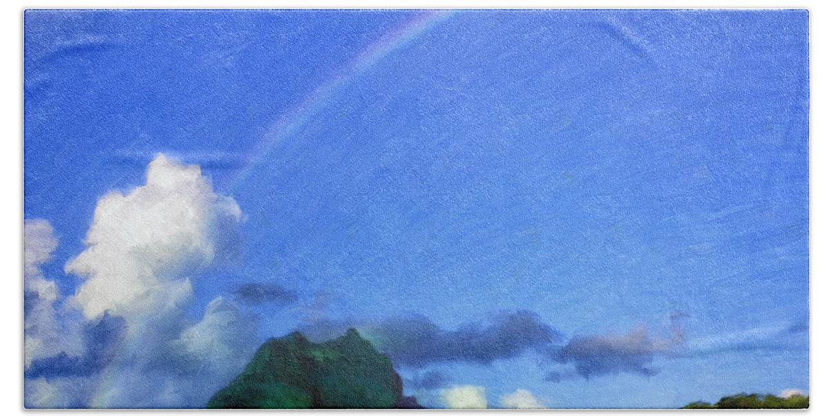 Rainbow Beach Towel featuring the painting Rainbow Over Bora Bora by Dominic Piperata