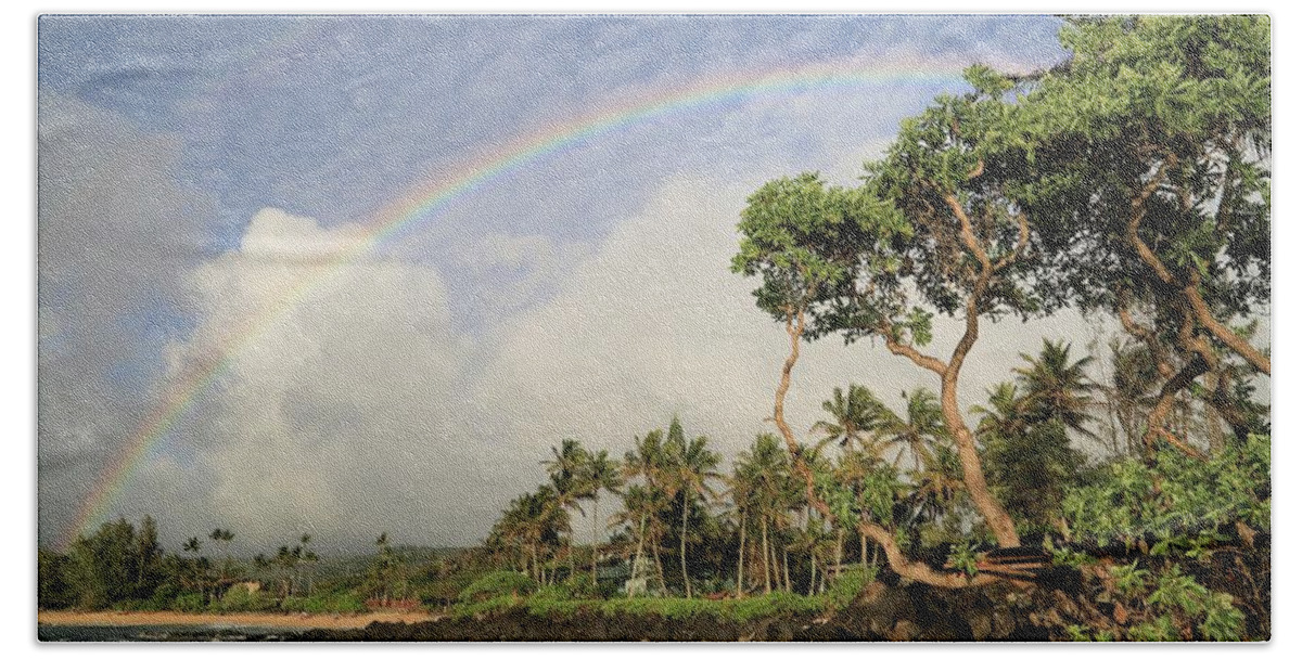 Photosbymch Beach Towel featuring the photograph Rainbow over the Beach by M C Hood