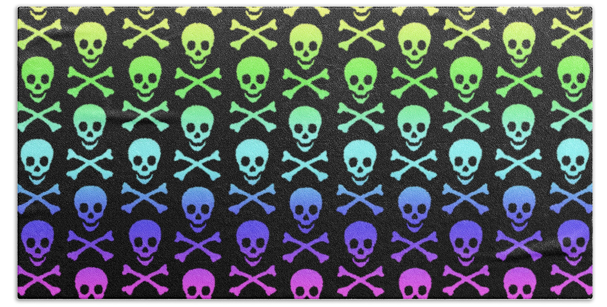 Rainbow Beach Towel featuring the digital art Rainbow Skull and Crossbones by Roseanne Jones