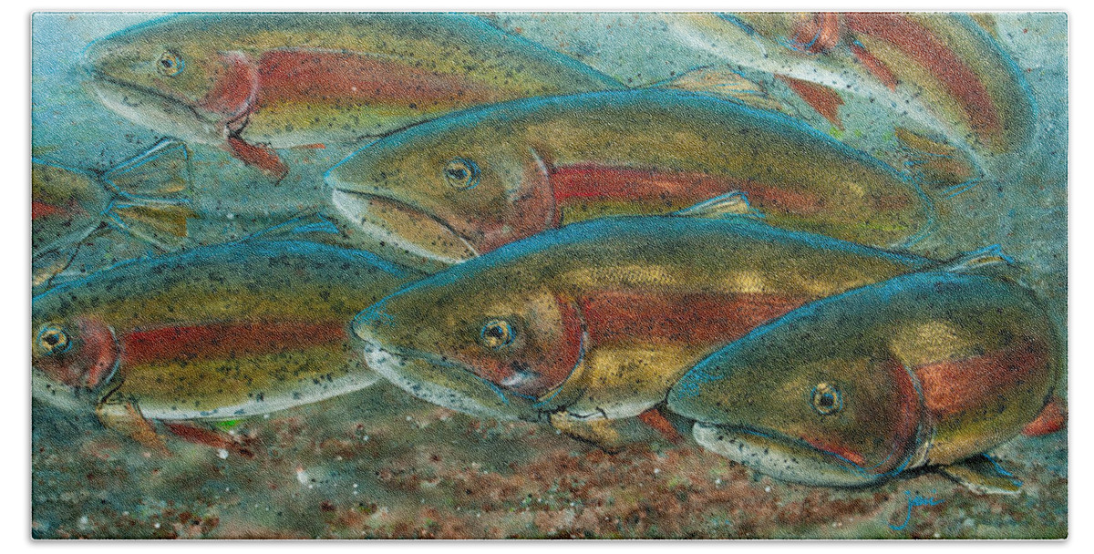 Fish Beach Towel featuring the painting Rainbow Trout Fish Run by Jani Freimann