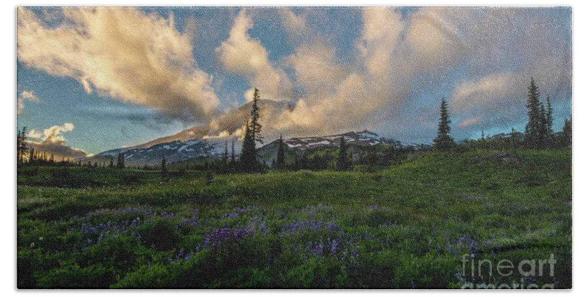 Mount Rainier Beach Towel featuring the photograph Rainier Wildflowers Meadows Golden Sunset Clouds by Mike Reid
