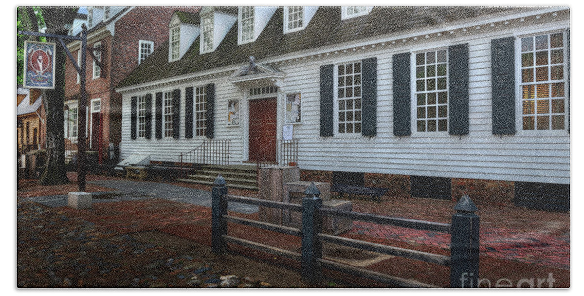 The Raleigh Tavern In Colonial Williamsburg Gives You A Colorful Glance Back Into The History Of 1776. Beach Towel featuring the photograph Raleigh Tavern by Gene Bleile Photography
