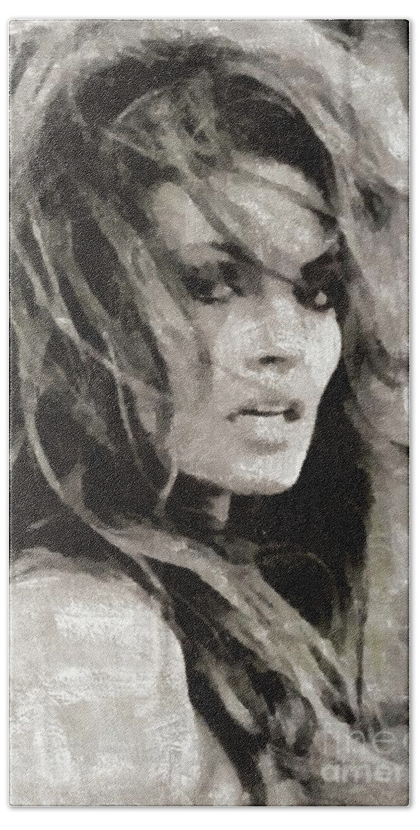 Raquel Beach Towel featuring the painting Raquel Welch, Portrait by Esoterica Art Agency